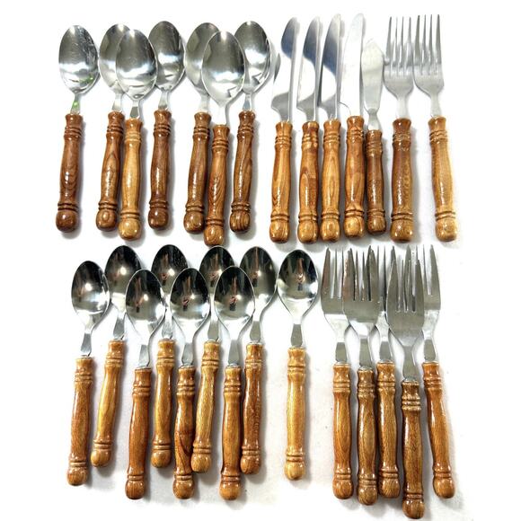 Vintage Stainless Flatware 28 Pc Wood Handle Set Taiwan Rustic Mid Century - Picture 1 of 6